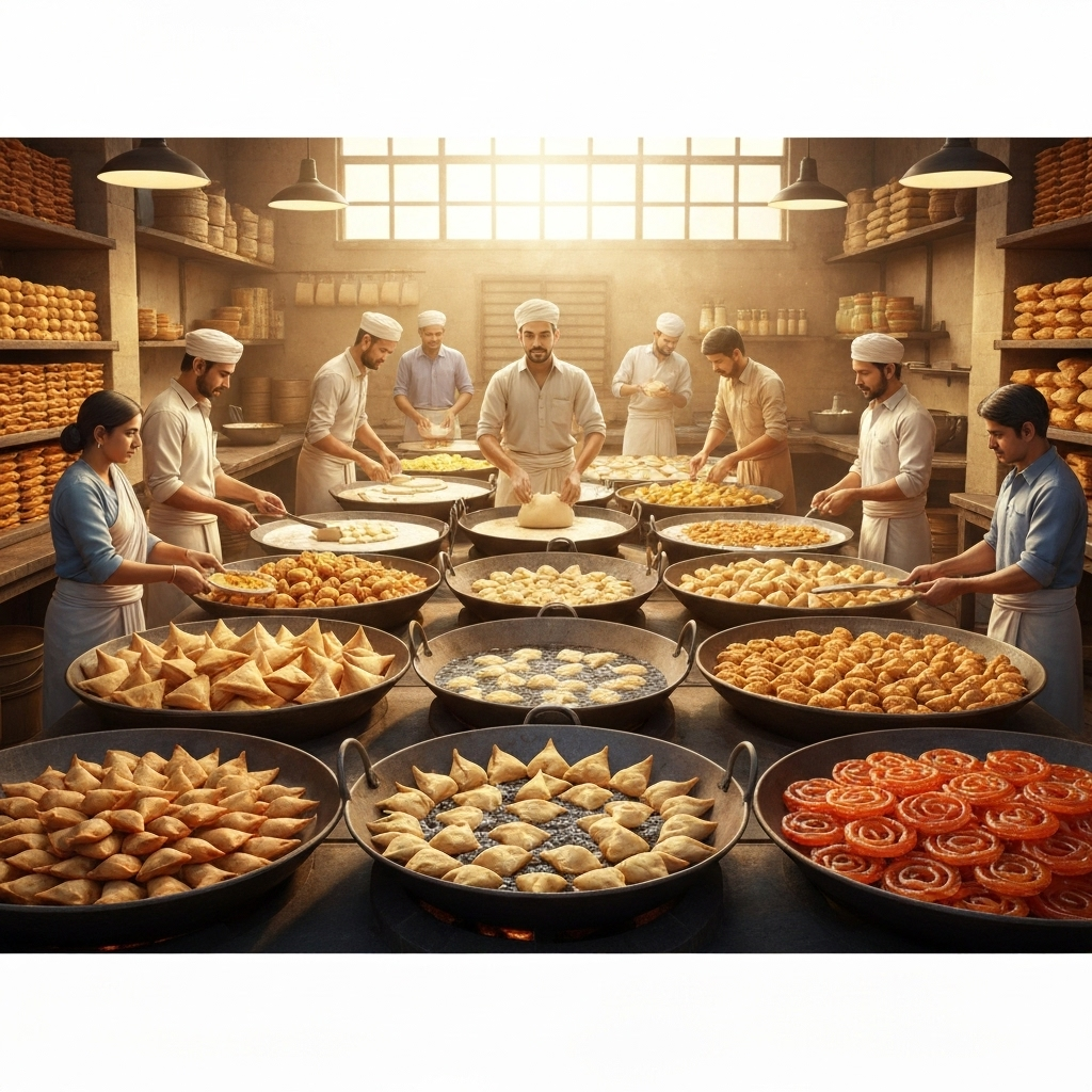 Traditional Indian snacks manufacturing process showing authentic preparation methods